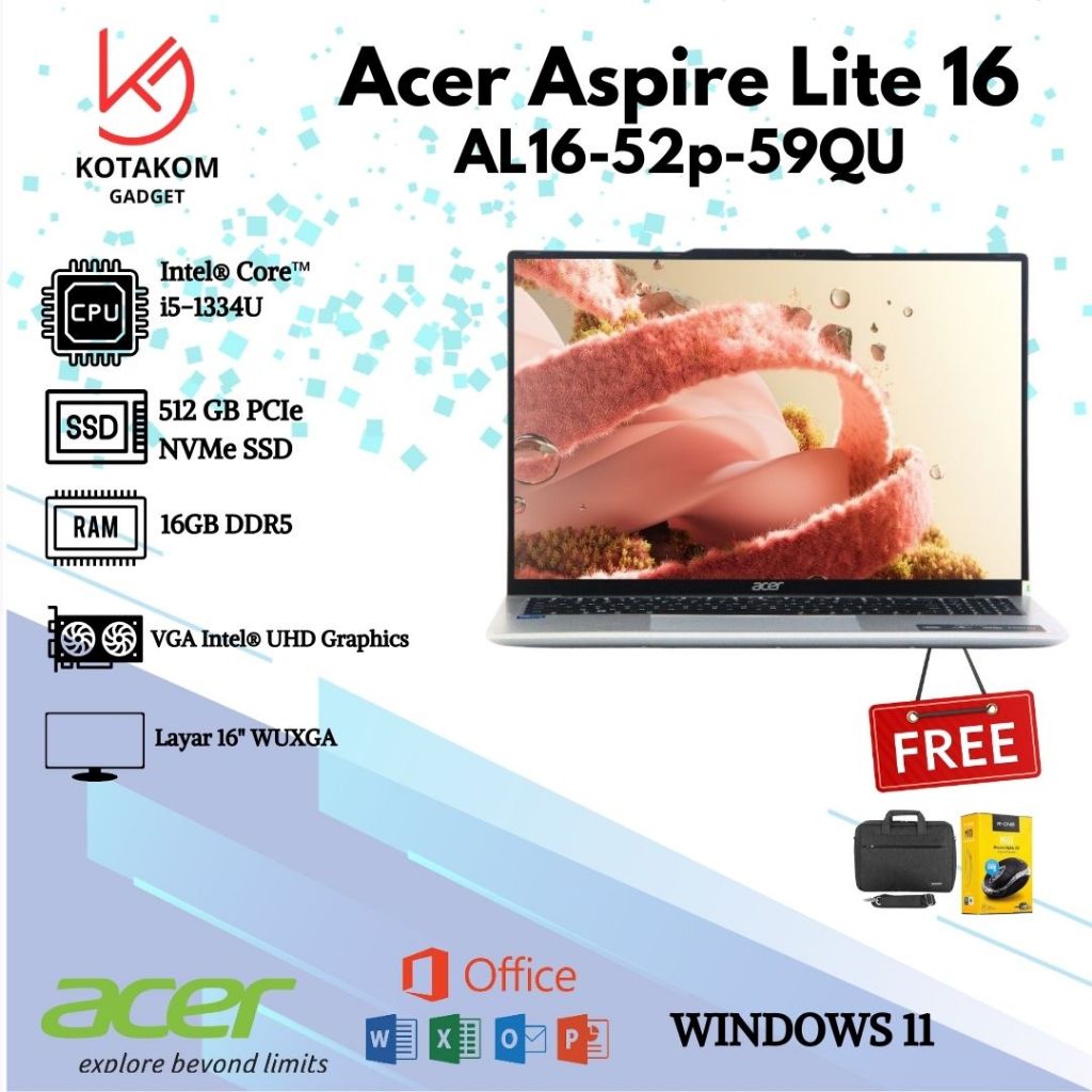 LAPTOP TERBARU Acer Aspire Lite 16 AL16-52p-59QU with Intel i5-1334u and 16GB RAM and 16inch WUXGA I