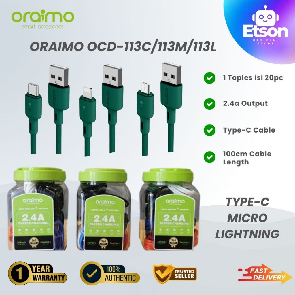 Oraimo OCD-113C/113M/113L Type C 2.4A Fast Charging 1 toples isi 20 Pcs