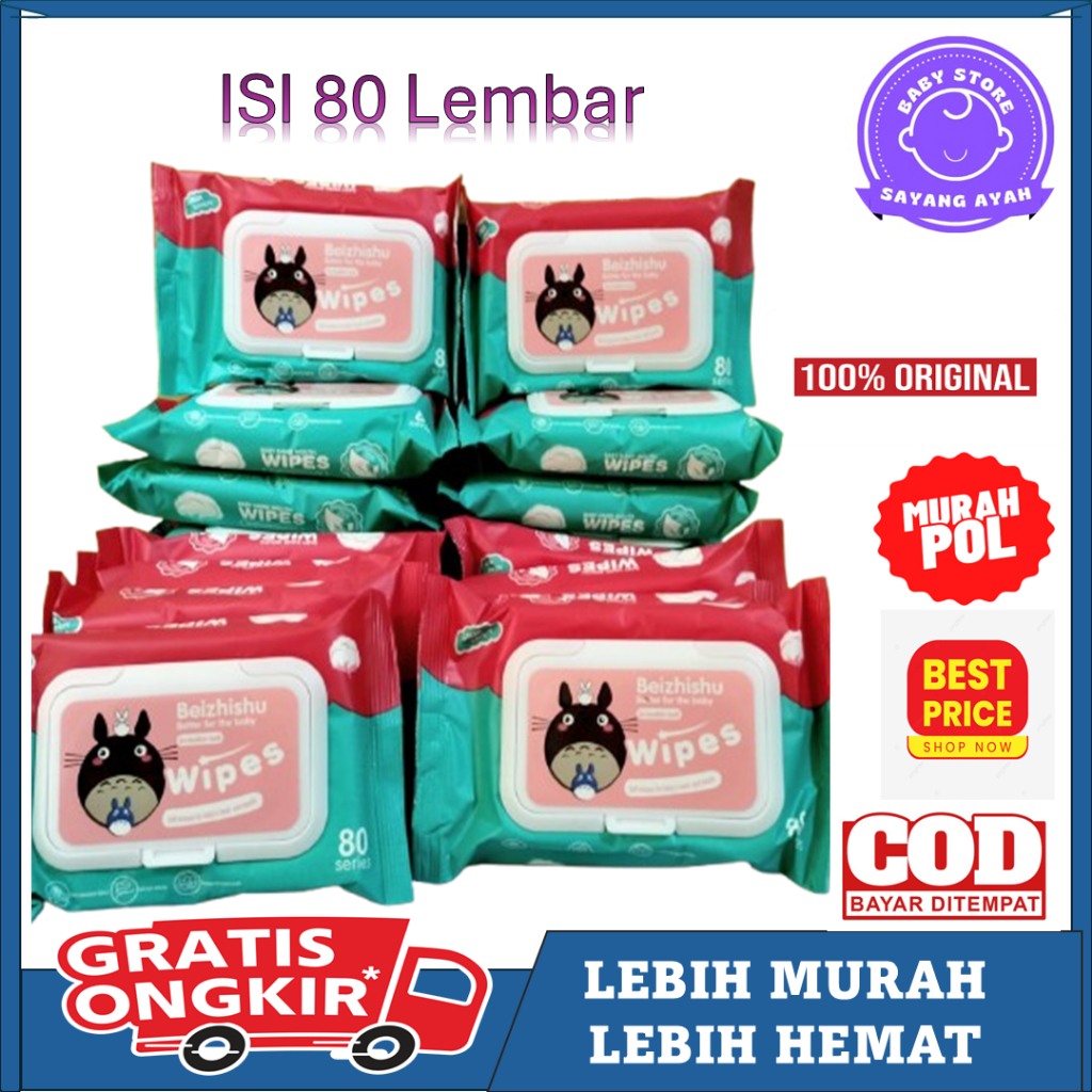 Tisu Basah Beishishu 80 Lembar - Non Alkohol, Aman untuk Bayi, Tisu Basah Pure Water
