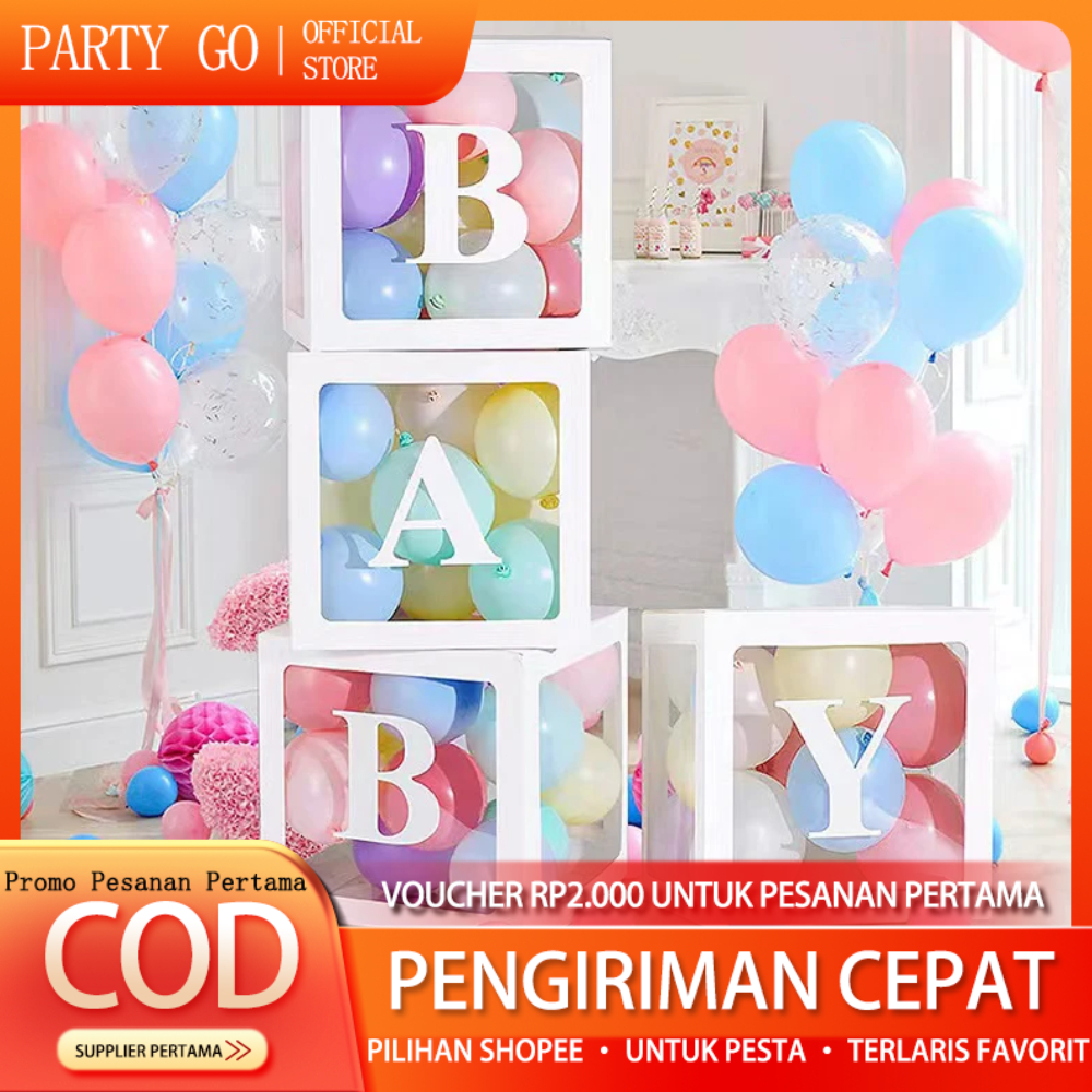 Box Putih Balon Transparan /Box Balon Dekorasi /Box Huruf Transparan BABY ONE 4Pcs