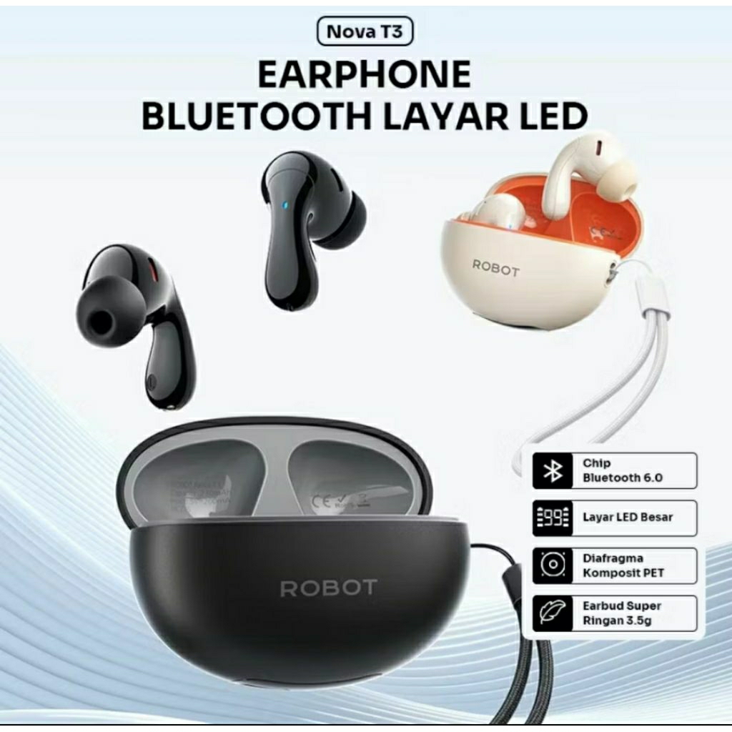 TWS AIRPOD EARPHONE WIRELESS ORIGINAL ROBOT NOVA T3 LED DISPLAY