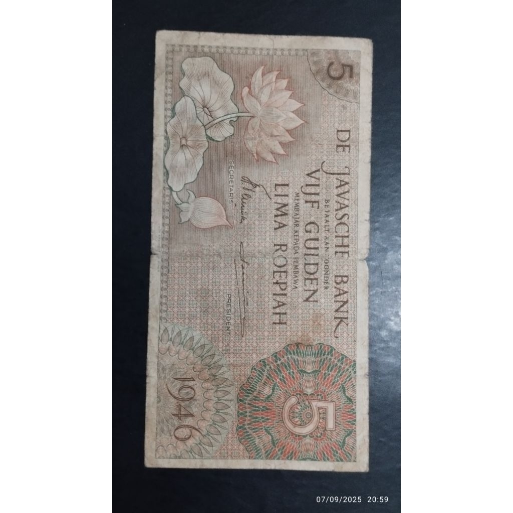 UANG KUNO DE JAVASCHE BANK 5 RUPIAH GULDEN TAHUN 1946
