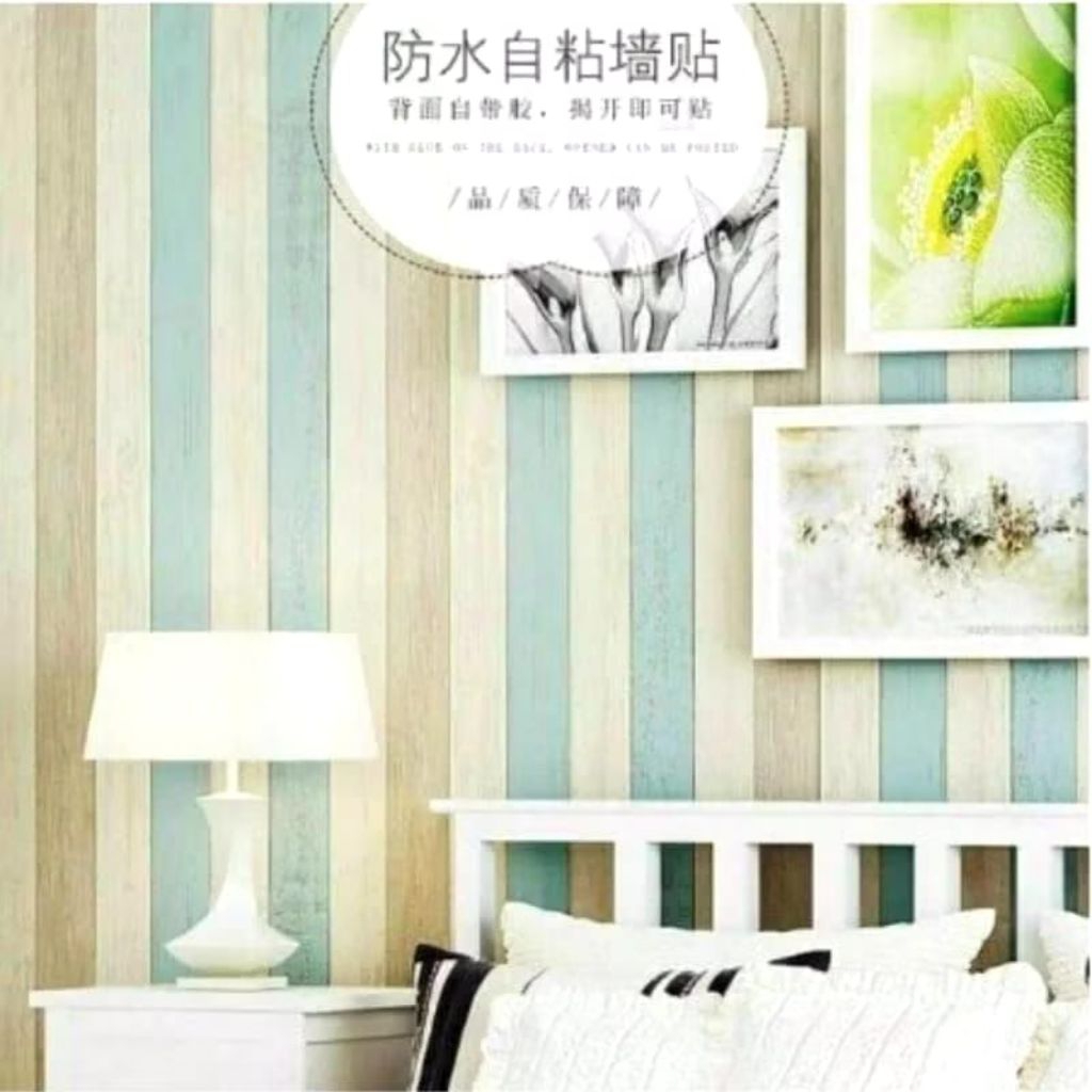 Wallpaper Dinding Motif Kayu Biru Cream [ M2M MALL ] Wallpaper Dinding Ruang Tamu Aesthetic Wallpape