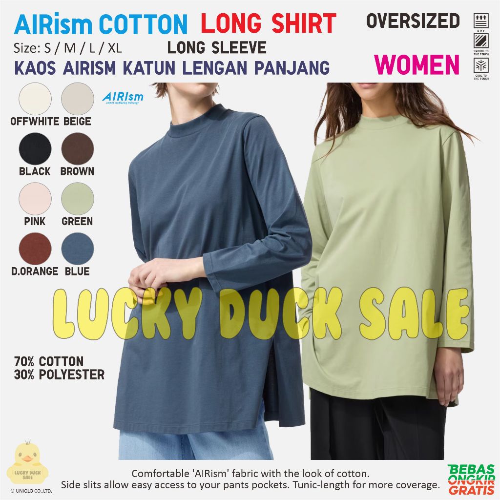UNIQLO Women Airism Cotton Relaxed Long Sleeve Long Shirt Tunic Baju Panjang Tunik Wanita