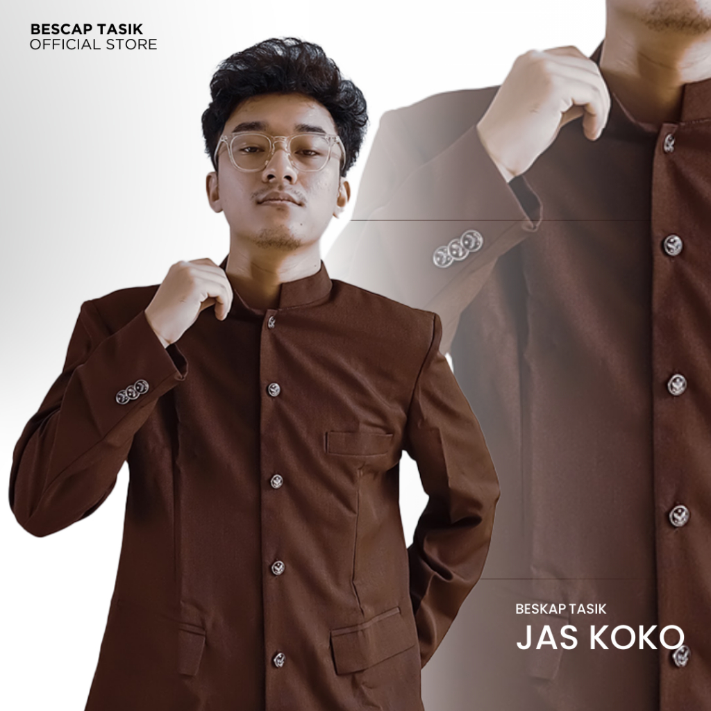 Beskap Jas Koko Pria Muslim Premium Coklat Tua Polos Saku Tutup Monokrom Formal Informal S-XXL