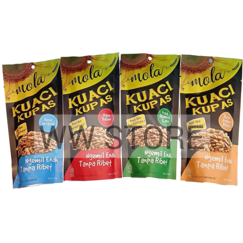 

Kuaci kwaci biji bunga matahari kupas rasa asli rumput laut balado jagung manis halal MUI mola Seaweed Sweet Corn Hot Spicy Chili Chilli Original Flavour Flavor Sunflower Seeds Seed 50g