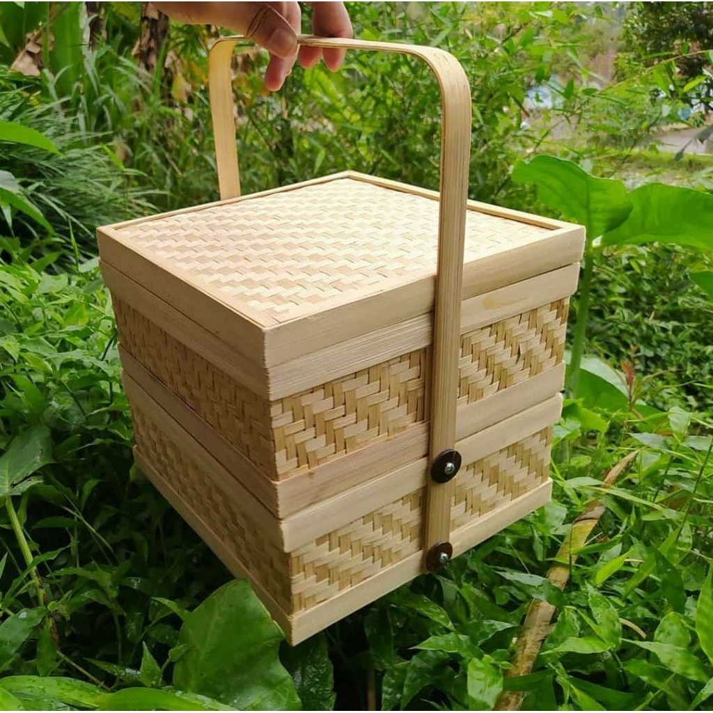 Rantang bambu kotak 2 susun/anyaman bambu/hempers bambu kotak 2 susun -