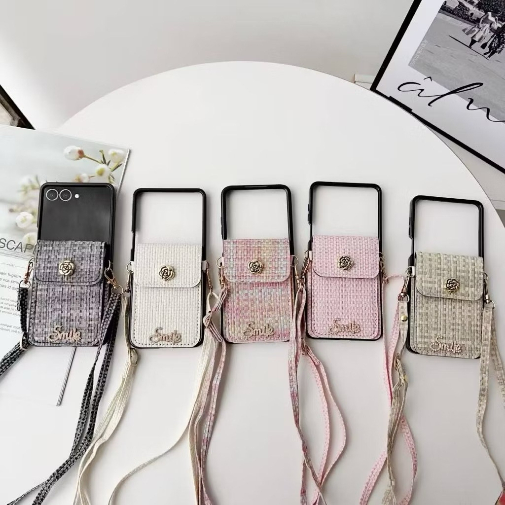 Leather Handbag Twill Flower Smile With Tali Panjang Case Dompet Case Tas Samsung Z Flip 7 Z Flip 7 