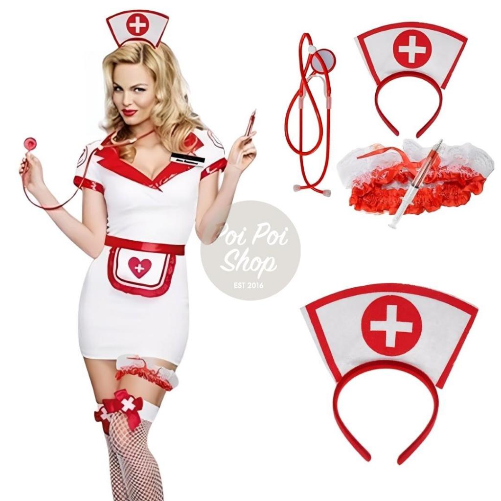 Kostum Set Suster Nurse Darah Dokter Suntikan Seram Cosplay Halloween Baju Dinas Dewasa Wanita Cospl