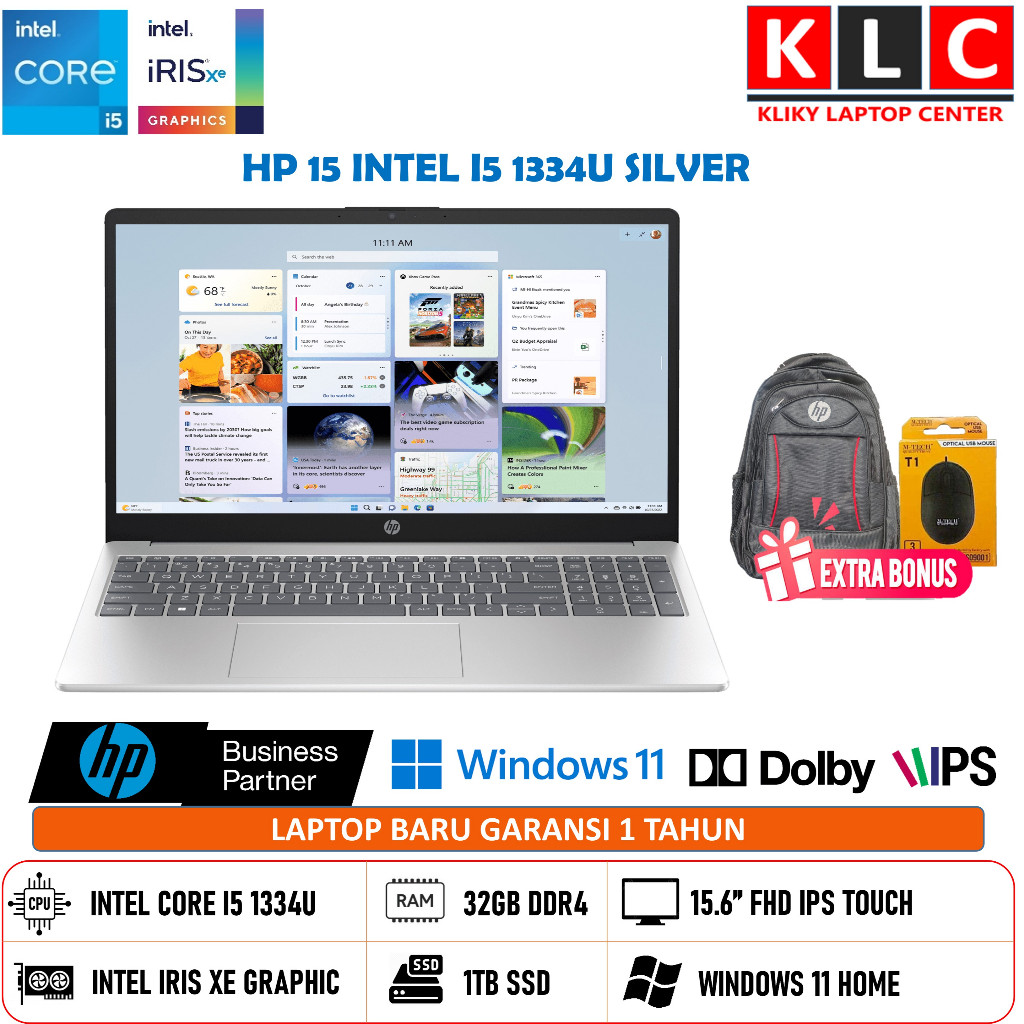 Laptop Kerja HP 15 Intel Core I5 1334U RAM 32GB SSD 1TB Layar 15 FHD IPS Laptop TouchScreen