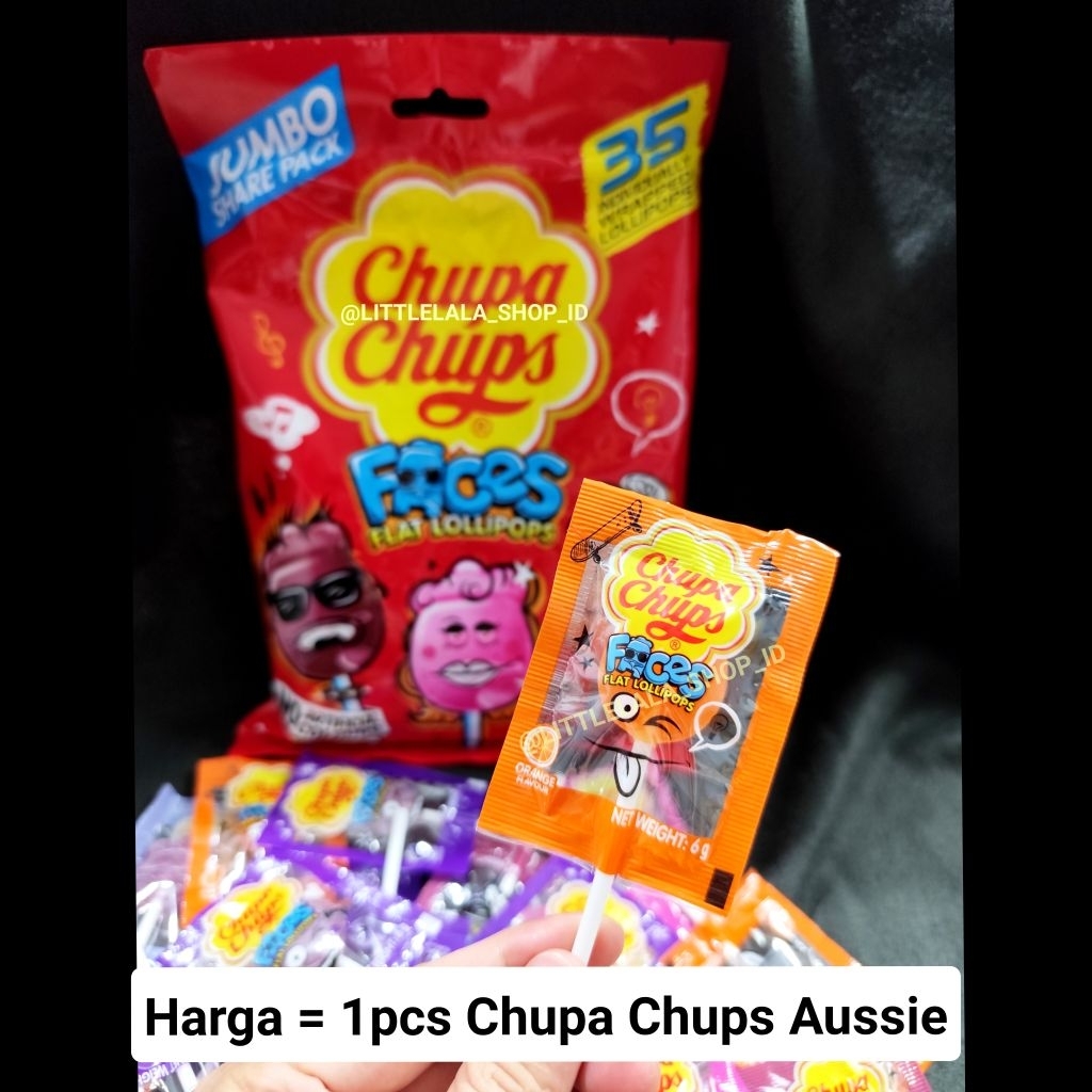 

Chupa Chups Faces Flat Lollipops Invidual pack/Eceren/per pcs lolipop tanpa pewarna buatan/lollies orange grape strawberry cola Halloween Treat/permen anak pewarna alamj