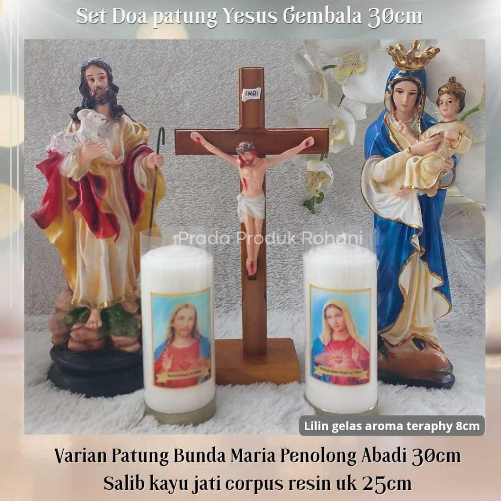 SET DOA KATOLIK LENGKAP 30CM/PATUNG YESUS GEMBALA/PATUNG BUNDA MARIA PENOLONG ABADI/SALIB MEJA KAYU 