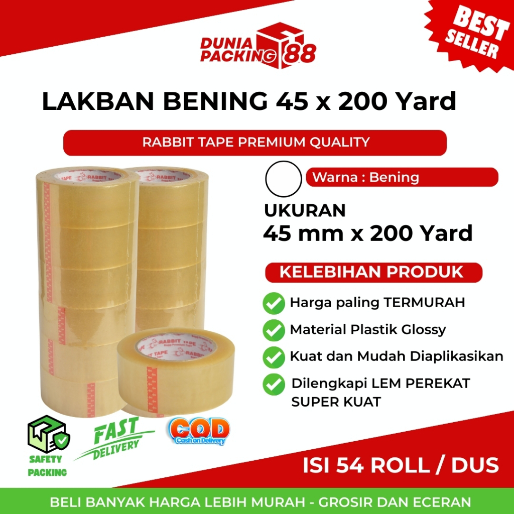 

Lakban Bening 45 mm x 200 Yard Isolasi 2 Inch Tape Kualitas Rabbit Tape / Solasi Lakban Bening