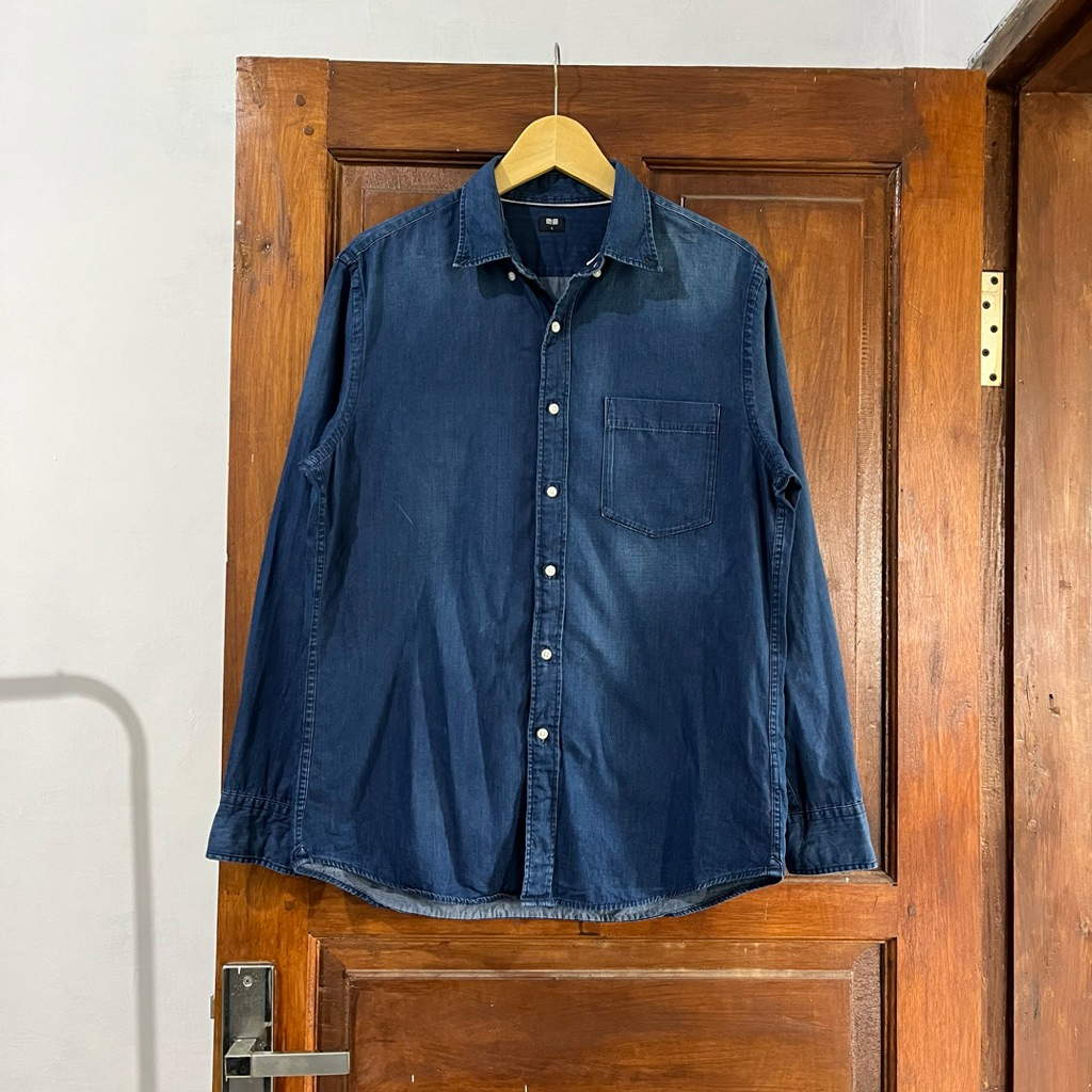 [L-XL] Uniqlo Cotton Jeans Shirt Long Sleeve I Blue Jeans I Vintage Vtg Retro Kemeja Garis-garis Sal