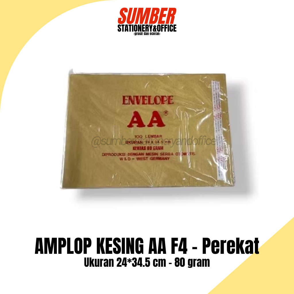 

Amplop Kesing Coklat AA folio / F4 - 24 x 34.5 cm - Dengan Lem - Amplop Dokumen (1 pack - 100 Lembar) / AA-F4-L