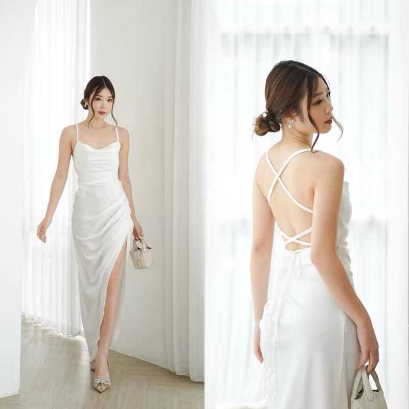 DRESS PESTA LESLEY - LONG DRESS WANITA KOREAN STYLE/Dress Sabrina Desain Anggun dengan Tali Pundak d
