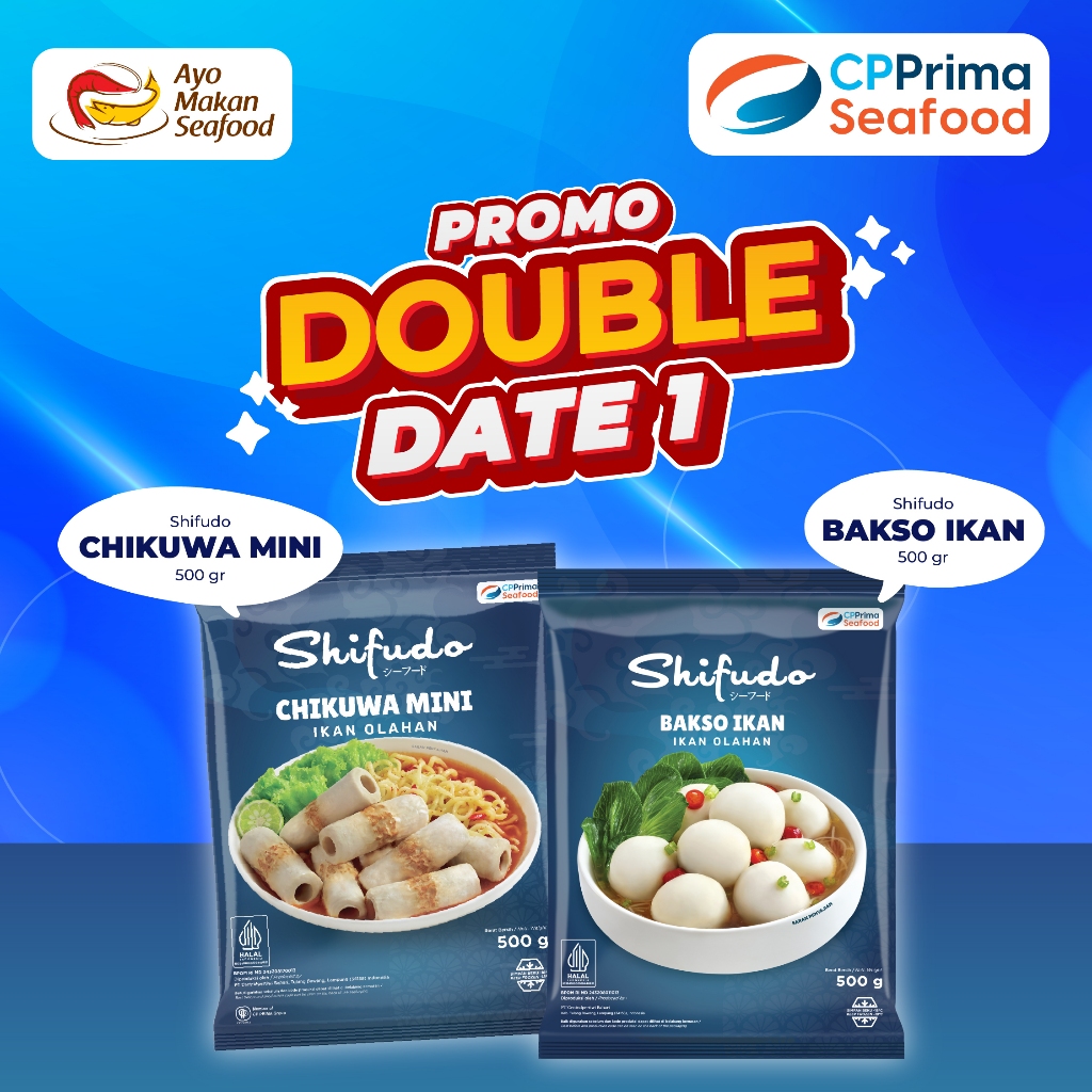 

Promo Paket Double Date 1: Shifudo Chikuwa Mini 500g & Shifudo Bakso Ikan 500g / Promo Double Date