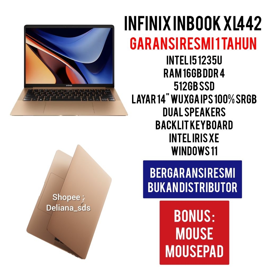 Laptop Infinix Inbook XL442 Intel I5 1235U 16GB/512GB SSD 14" WUXGA IPS 100% SRGB Garansi Resmi 1 Ta