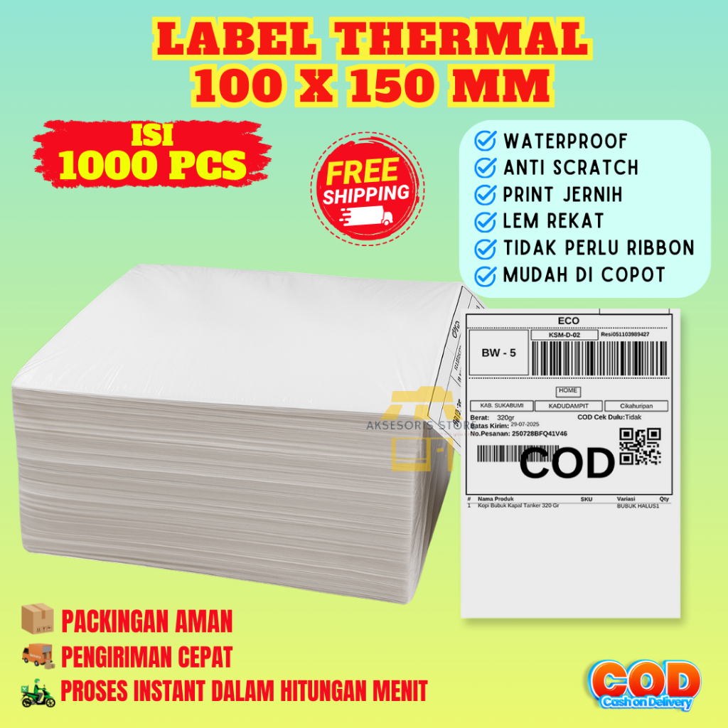 

KERTAS THERMAL LABEL STICKER 100X150 1000PCS LIPAT UKURAN A6 RESI BARCODE