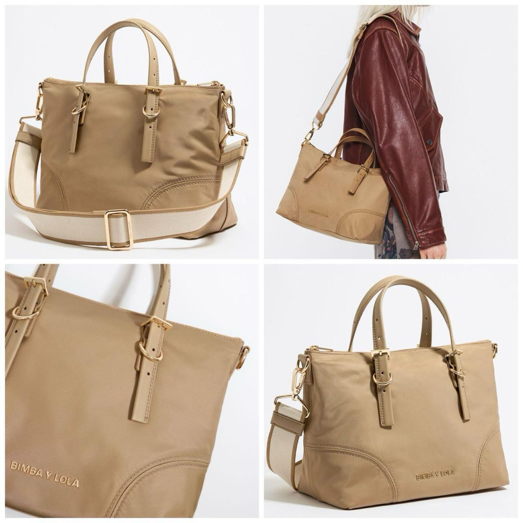 bimba y lola byl MEDIUM camel tan brown gold hw NYLON SHOPPER BAG