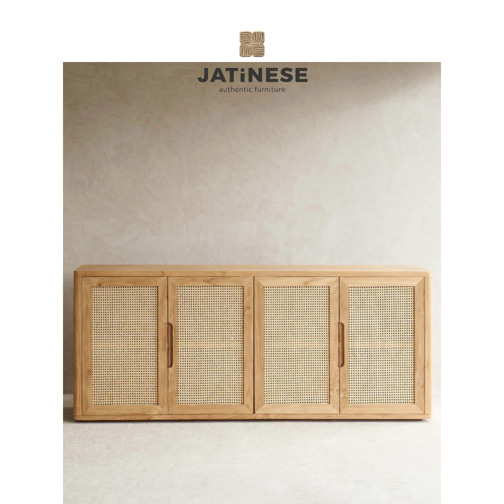 Buffet Kayu Jati & Rotan Anyaman – Buffet 4 Pintu Japandi Minimalis