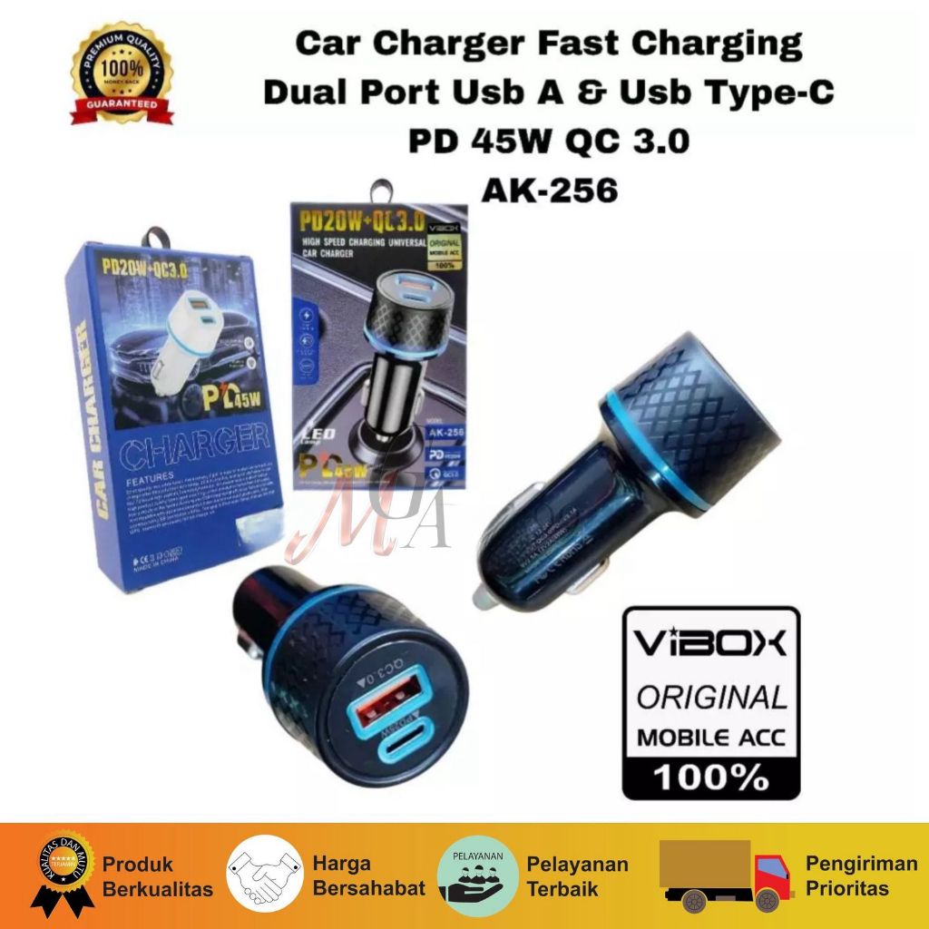 MGA - Saver Mobil Vibox AK-256 Car Charger PD 45W Fast Charging QC3.0 2port Saver Mobil Colokan Usb 