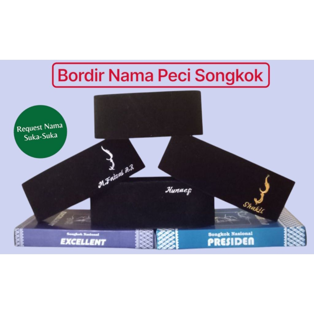 Bordir Nama Peci Songkok, Hitam Polos & Logo Kujang Anak & Dewasa