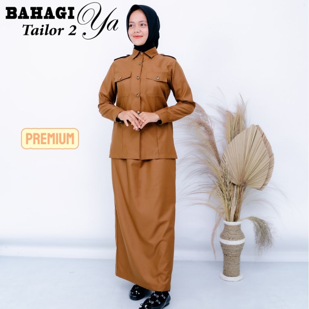 Baju PNS Wanita Pemda Khaki Setelan Seragam Katun Semi Woll Premium Rok Span Saku Dada