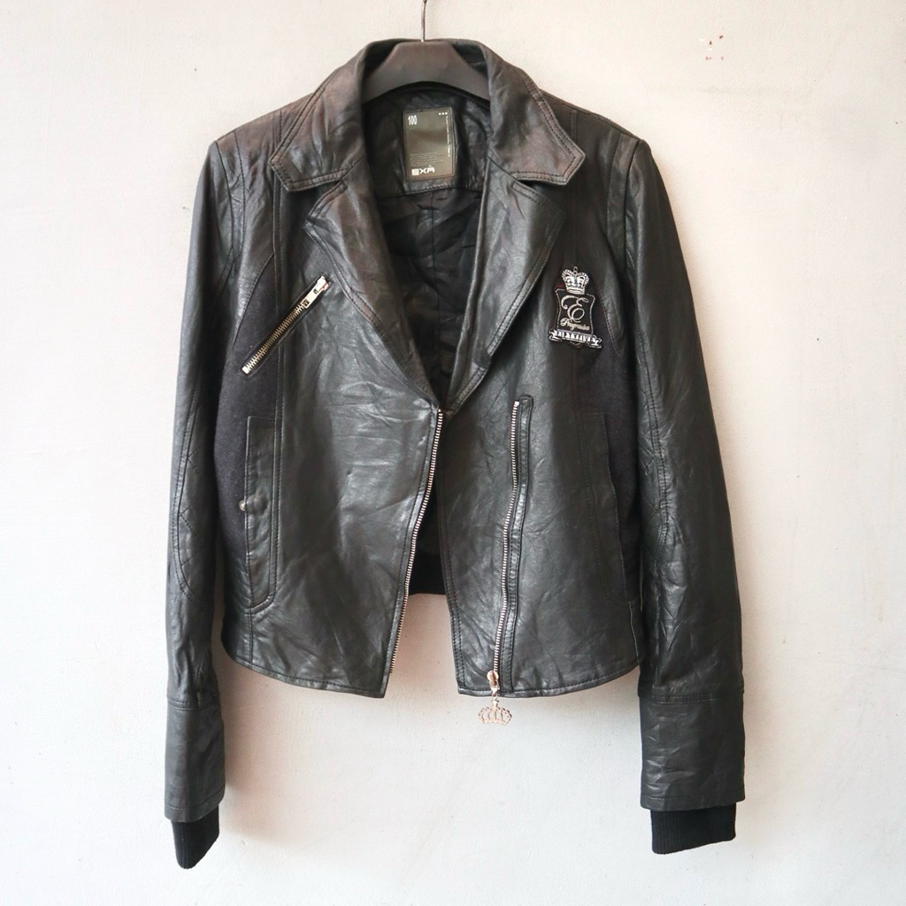 Exr Jaket kulit asli domba jaket ramones patch embos logo cewek biker wanita cropped jaket motor cro