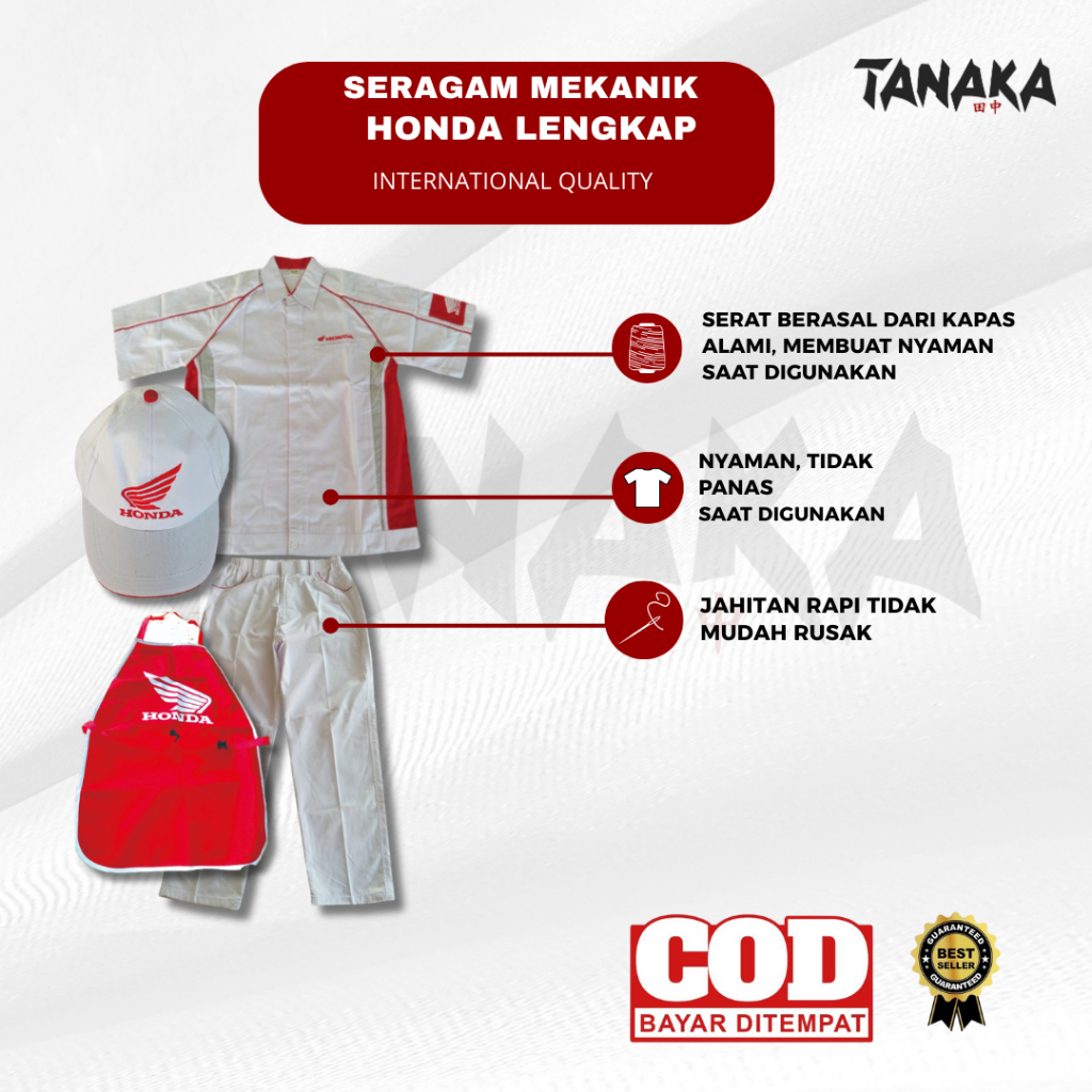 Set Lengkap Seragam Kerja Mekanik Honda Ori - Lengkap Baju Celana Topi Apron - Pakaian Resmi Bengkel