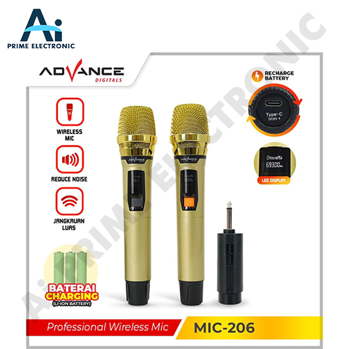 ADVANCE MIC-206 MIC 206 MIC206 Mik Mic Microphone Gold Double Wireless Baterai Cas Charge Tanpa Kabe