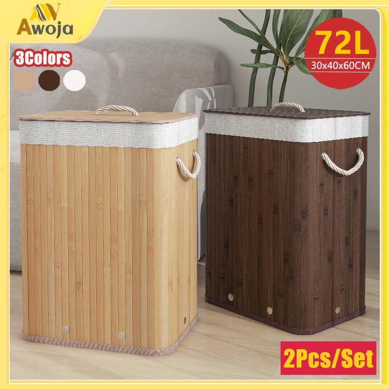 2Pcs Keranjang Baju Kotor 72L Keranjang Laundry Rotan Kotor Bag Basket Dengan Tutup Tas Cucian Lipat