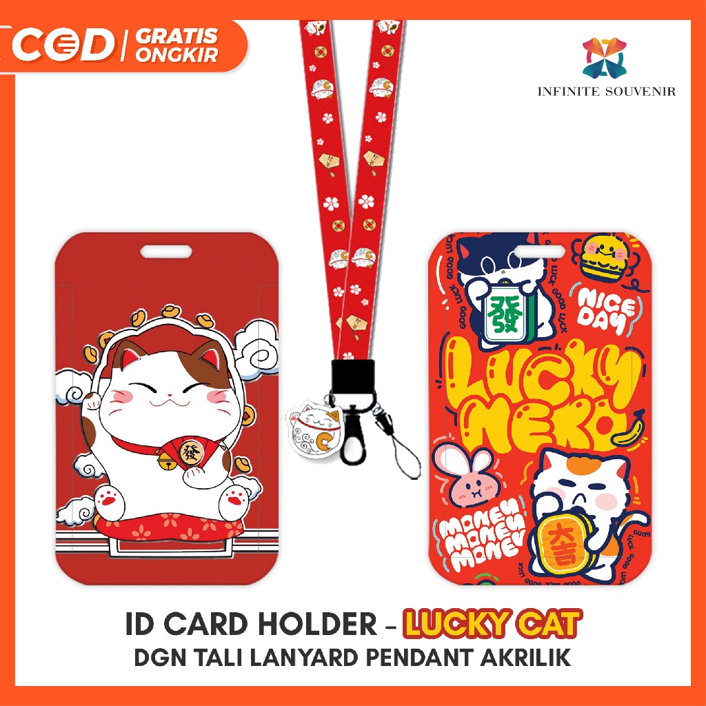 

[N003] Lucky Cat / Name Tag ID Card Holder Kucing Hoki dengan Tali Lanyard Pendant Akrilik