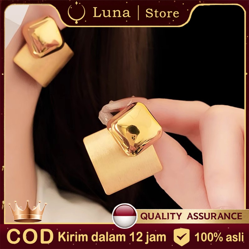 ​Luna Jewelry | Anting Logam Emas Geometri Tidak Beraturan dengan Jarum Perak - Desain Persegi Panja