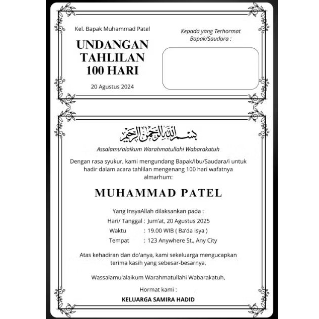 Undangan Tahlilan, Costum Nama & Tanggal - Cetak.inn