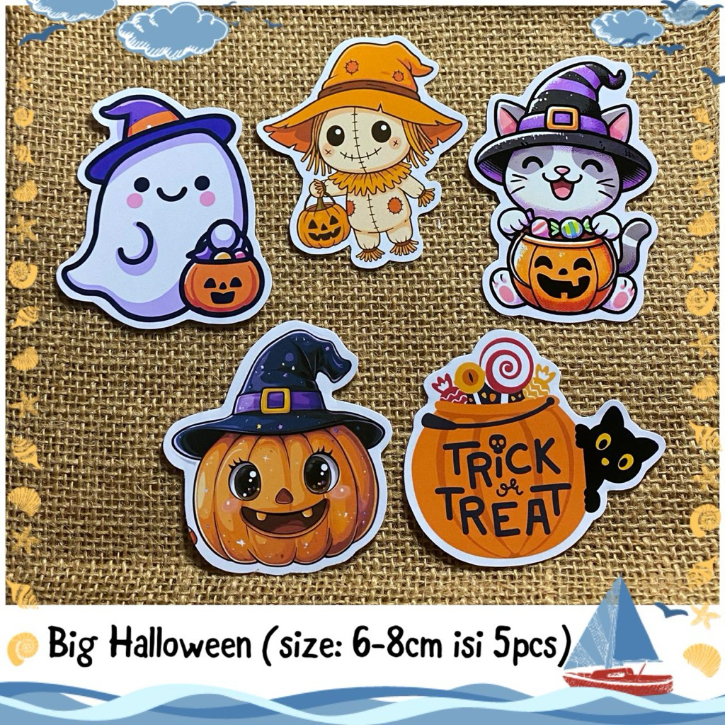 5pcs sticker tempelan glossy jumbo helloween / sticker trick or treat