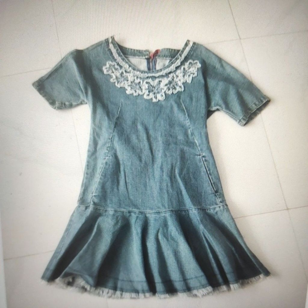 Dress Jeans Tebal bawah rempel, midi dress, dress denim, midi denim