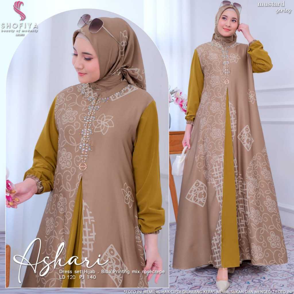 Ashari dress baju gamis pakaian jubah set 2in1 hijab jilbab wanita muslimah jumbo ld 120 biba print