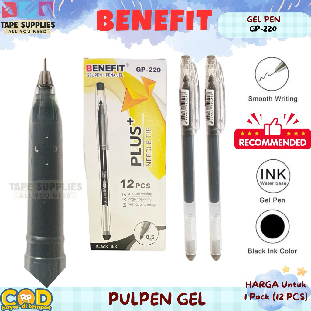 

(SUPER PROMO) 12 PCS Pulpen Gel Benefit GP-220 Plus+ Needle Tip 0.5 mm Black Ink 1 Pack Isi 12 Pcs