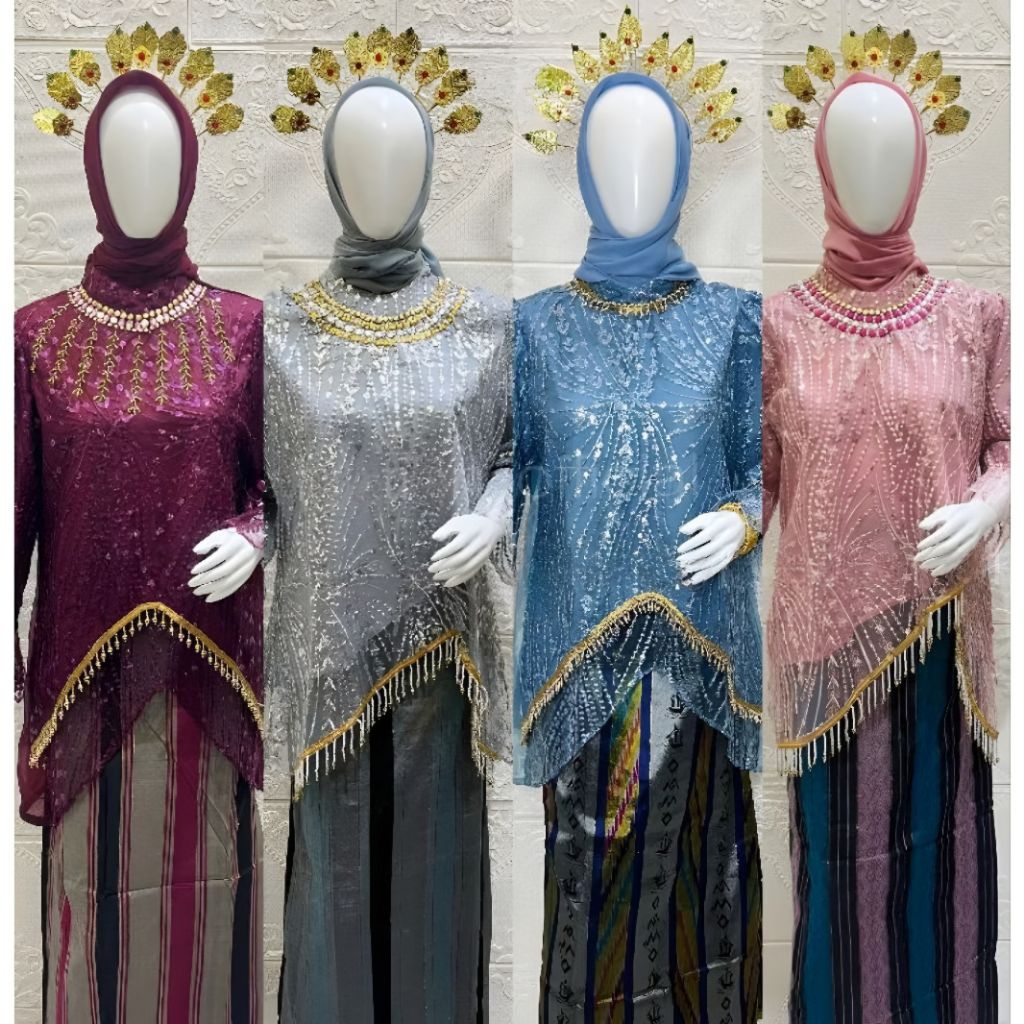 Stelan Baju Bodo Modern Tile Payet Renda Tulle – Pakaian Adat Bugis Makassar Mewah untuk Pesta, Wisu