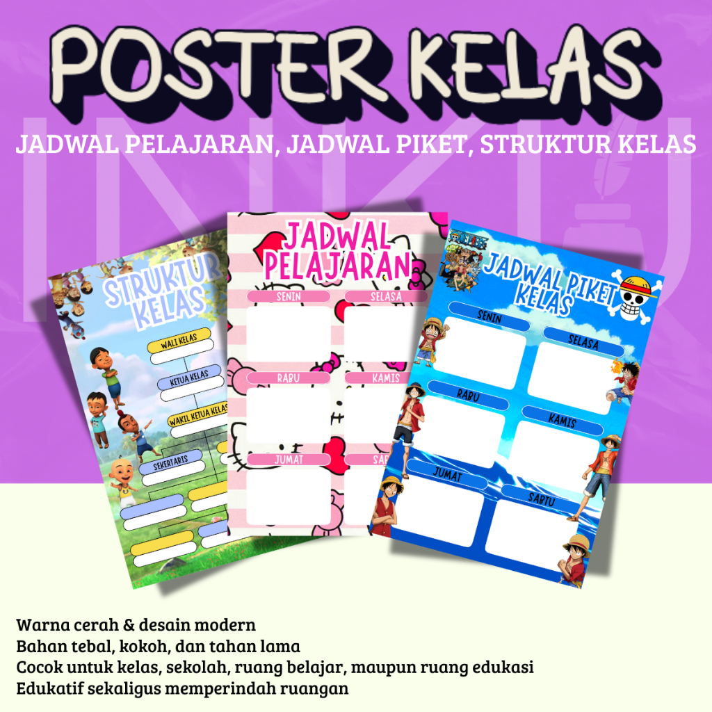 

Poster Kelas Tema Kartun – Jadwal Pelajaran, Struktur Kelas & Jadwal Piket Custom