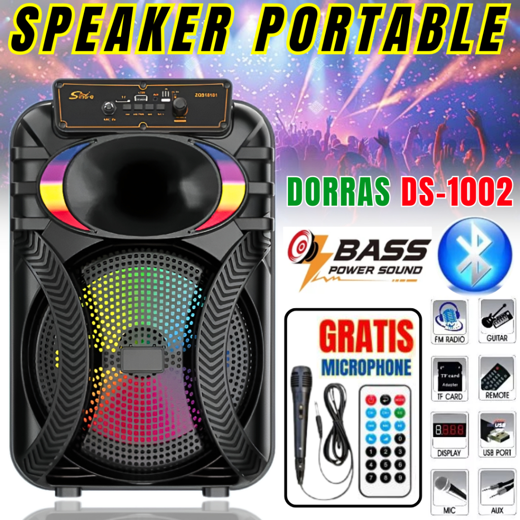 Terbaru Speaker Bluetooth Portable 10 Inch Dorras Ds-1002 |Speaker Fullbass Power Sound,Led Rgb,Suar