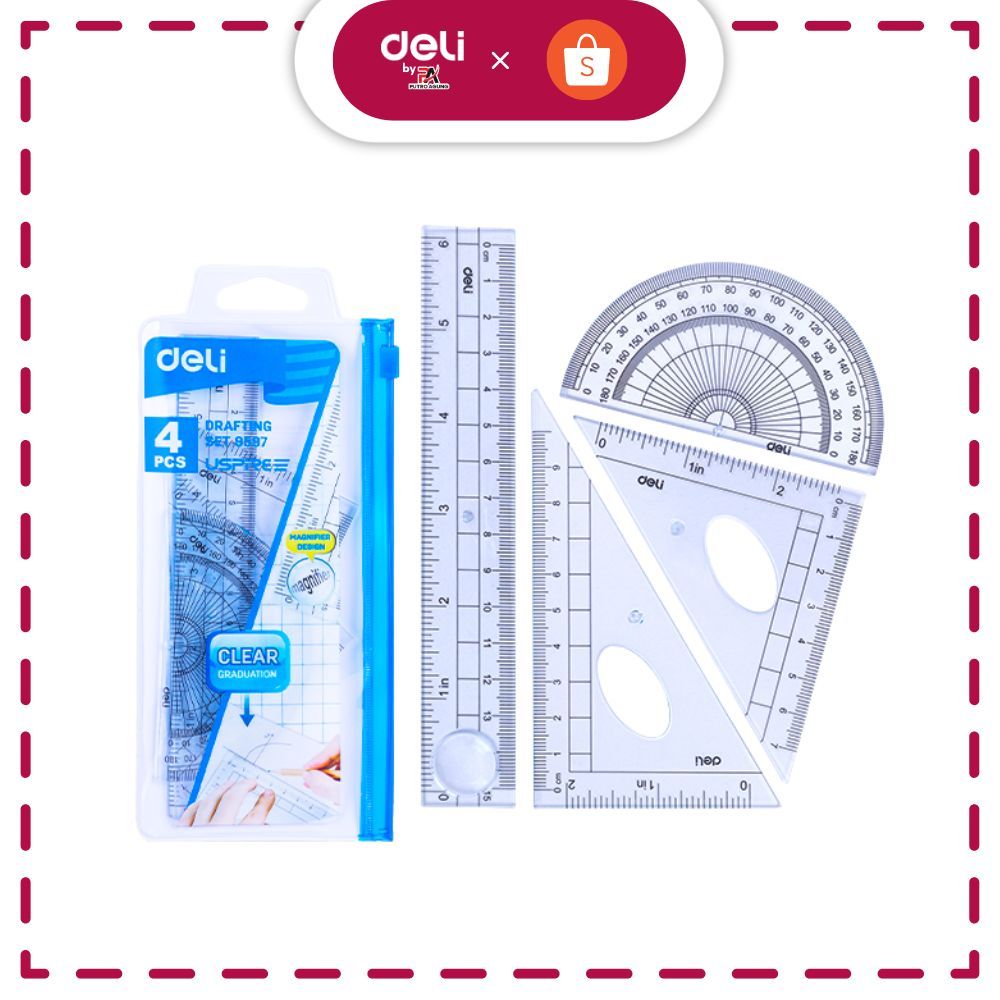 

Deli Set Penggaris Set Persegi Busur Derajat Set 4pcs PS tembus berkualitas, tahan lama E9597