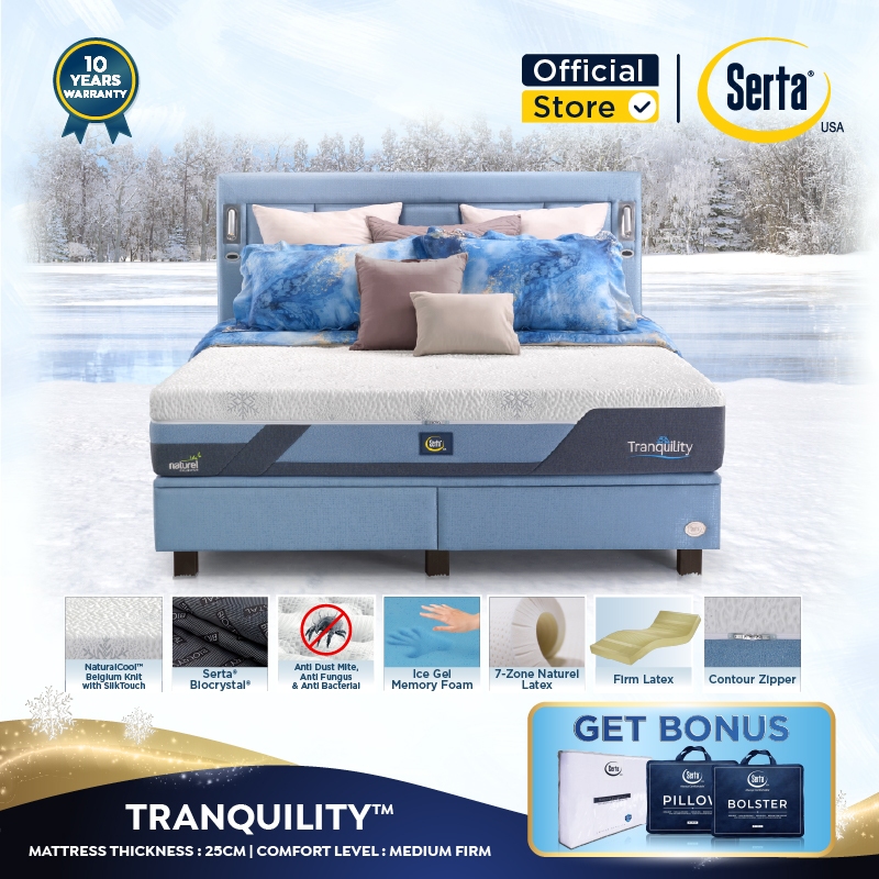 SERTA Tranquility [Medium Firm] - Kasur Latex Bed with Cooling Tech [Full Set]