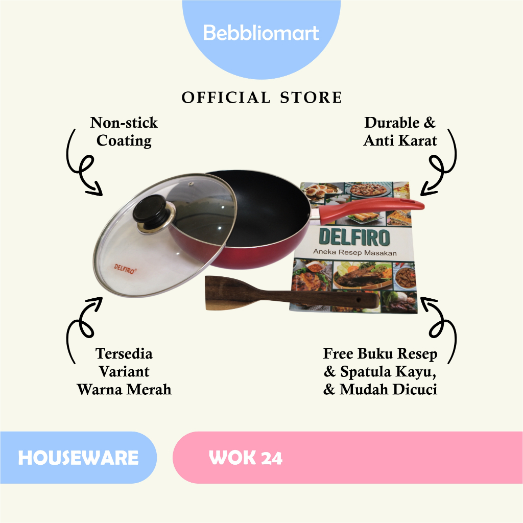 Delfiro Wok 24 Cm Merah - Wajan Serbaguna Dari Bahan Berkualitas Dengan Lapisan Anti Lengket
