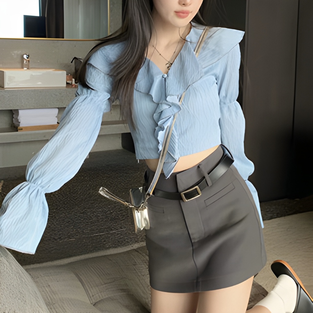 RYABJU Korean Style Blouse Crinkle Top  White Blue Atasan Wanita Kerut Gaya Korea Stylish