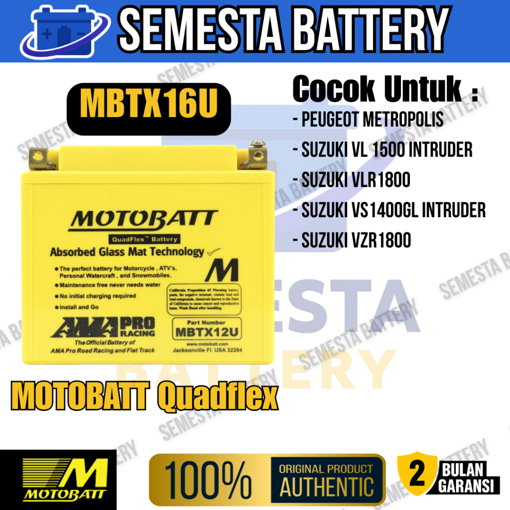 Aki Motor Motobatt MBTX16U QuadFlex Garansi 2 Bulan – Cocok untuk Peugeot Metropolis, Suzuki VL 1500