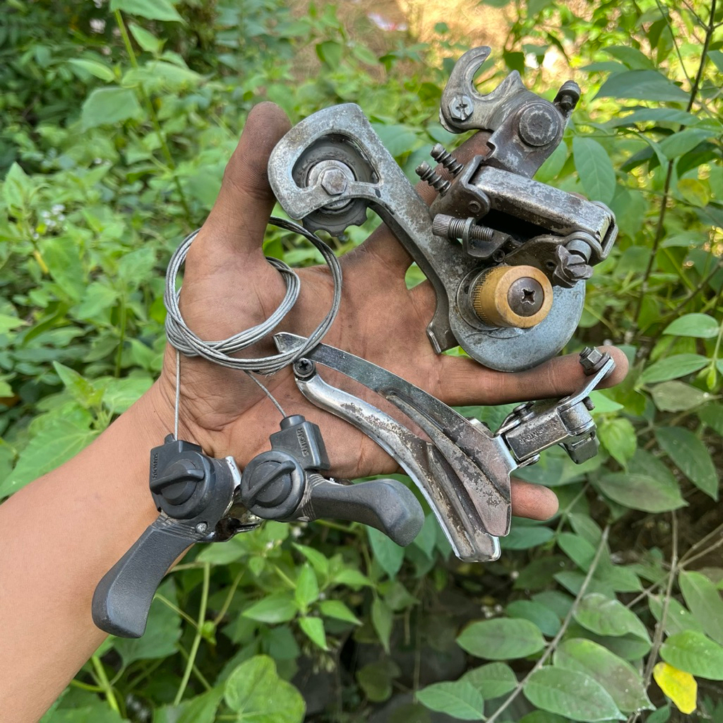 Mini groupset oprean sepeda suntour 3x7 speed kanan kiri flat shifter, RD, FD