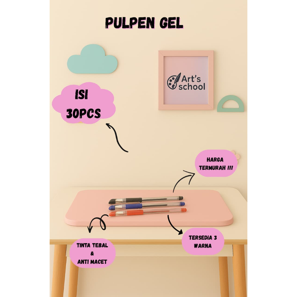 

Pulpen Gel Isi 30pcs Murah Sekolah TK/SD/SMP/SMA Kuliah Kantor Souvenir Event Seminar Alat Tulis/ATK Lengkap