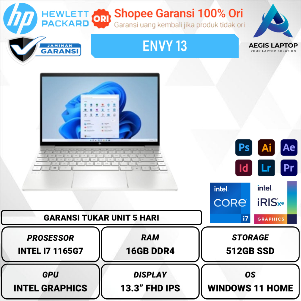 HP Envy 13 Intel Core i7 1165G7 16GB 512GB W11 13 inch FHD IPS
